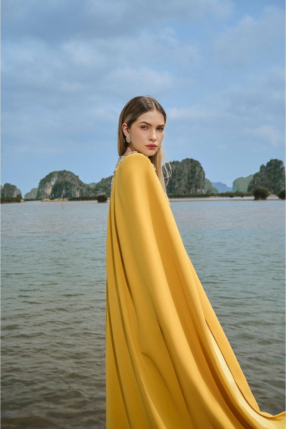 Stone Embellished Cape And Bodycon Dress Set